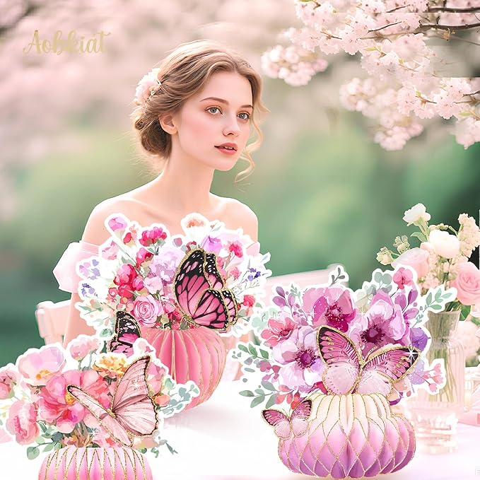 AOBKIAT Women Birthday Decorations Party Centerpieces,Large Size Table Centerpieces with Glitter Edge,Pink Purple Cardboard Honeycomb Base for Mother Day,Baby/Bridal Shower,Wedding,Gradient Vase