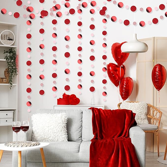 Outus 5 Pieces Red,Pink Round Dots Garland Graduation Party Hanging Decor Each Length 13.1ft Glitter Paper Dot Streamers for Birthday Wedding Classroom Supplies