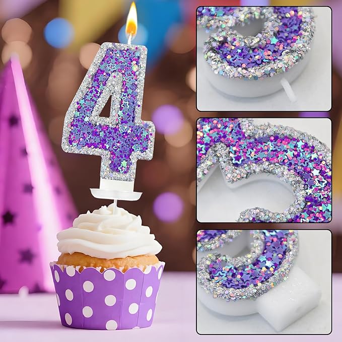 K-pop Number 4 Birthday Candle, Star Glitter Filled Number Candle, Purple Silver Fantasy Cake Topper for Birthday Party Decoration