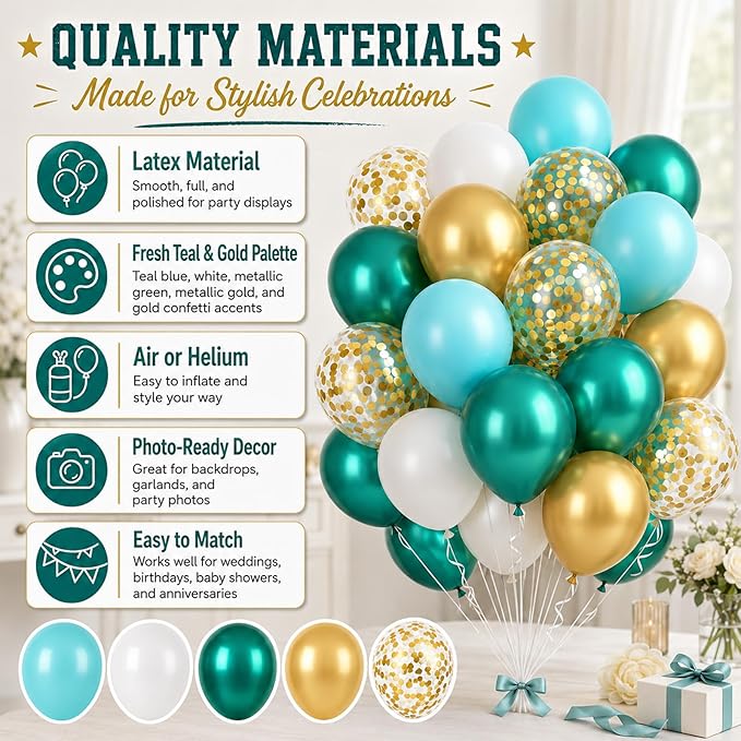 Teal and Gold Balloons, 60PCS Gold Turquoise Balloons Set, 12 Inch Metallic Green Gold Confetti Balloon Teal Blue White Latex Balloon for Wedding Birthday Baby Shower Summer Party Decor