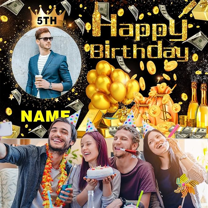 Custom Dollar Money Black and Gold Happy Birthday Party Decorations Supplies Personalized Dollar Money Black and Gold Birthday Backdrop Banner(6x9ft)