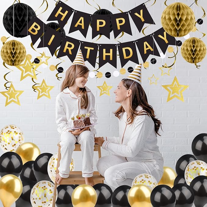 ZERODECO Black Gold Birthday Decorations, Easy to Assemble Happy Birthday Banner with Honeycomb Ball, Balloon, Hanging Swirl Streamer, Garland, Party Decorations for Women Men