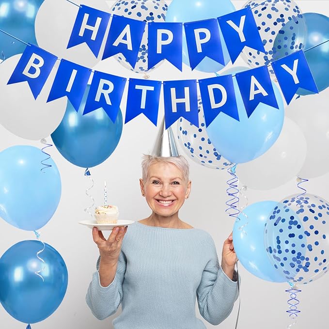 Happy Birthday Banner, Blue Birthday Decoration, 16 Pcs 12in Balloons with 2 Ribbons for Boys and Men Any Ages Party Decoration