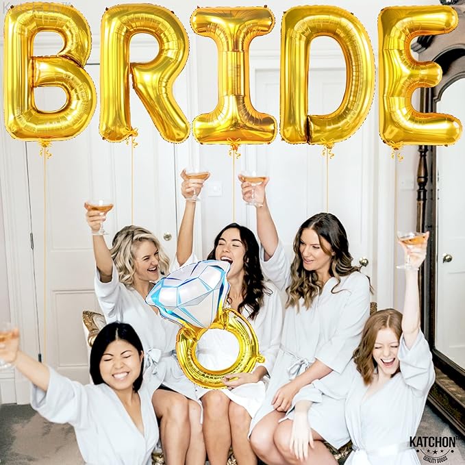 KatchOn, Giant Gold Bride Balloons - 40 Inch | Bachelorette Party Decorations | Bride Bachelorette for Bridal Shower | Gold Balloons | Ring Balloon Decorations, Engagement Party Decor