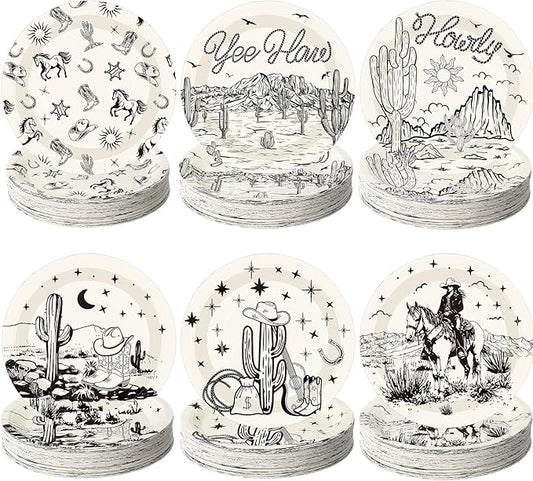 Funnymoom 60 Pcs 7 Inch Western Cowgirl Cowboy Baby Shower Paper Plates Wild West Rodeo Decorations Tableware Dessert Dinner Plates for Rodeo Bachelorette and Birthday Party Supplies