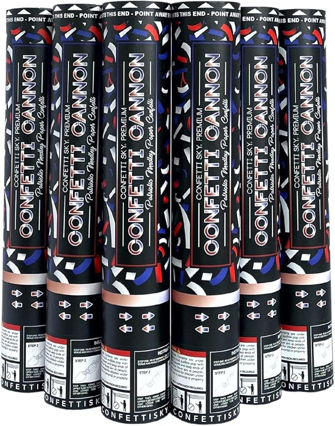 Confetti Sky [6 Pack] 12 Inch Confetti Cannons | Confetti Poppers for America 250, July 4 parade, Wedding Celebration, Birthday Party, Pranks, (red,white,blue)
