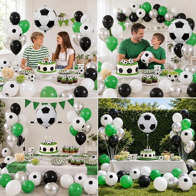 Soccer Balloons, 12 Inch Green Black White Metallic Silver Latex Balloons with Soccer Ball 4D Foil Balloon for Boys Kids Sport Theme Birthday Decorations Football Lover Men Party Baby Shower Decor