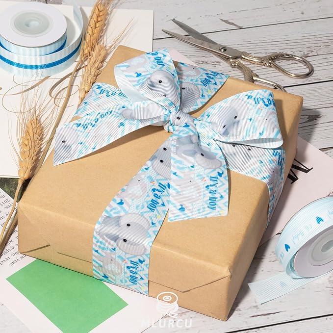Baby Boy Ribbon 3 Rolls Grosgrain Ribbon Set 5/8", 7/8", 1.5" It's A Boy, Blue Striped Polka Dot Ribbons for Baby Shower, Gift Wrapping, Birthday Party, Diaper Cake Decorations, Hair Bows, Crafts