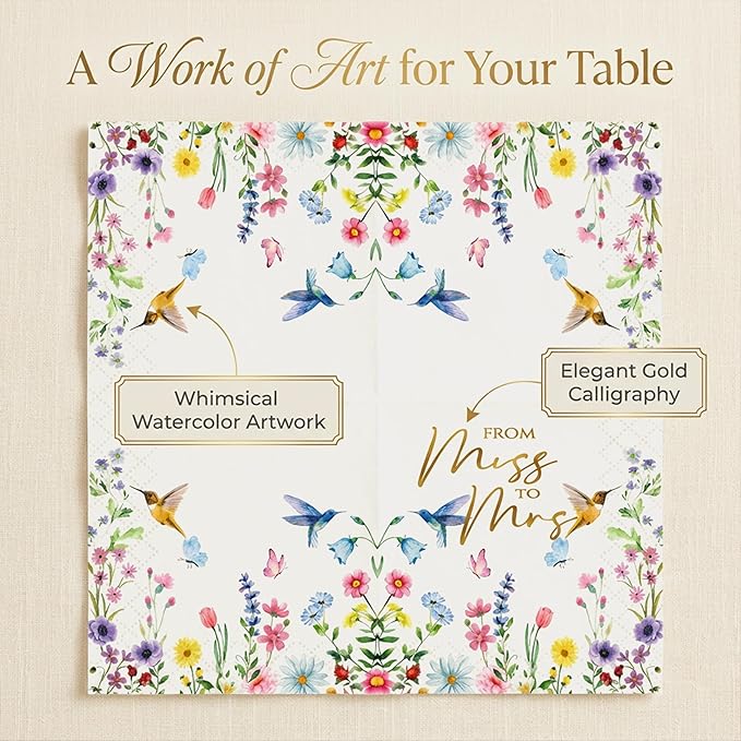 100 Pcs Paper Napkins Disposable, Miss to Mrs Floral Cocktail Napkins, Decorative Dinner Napkins Bulk, Guest Towels for Bathroom, Wedding, Bridal Shower & Engagement Party Decorations