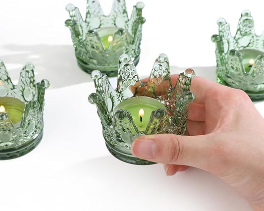 Vixdonos Votive Candle Holders Set of 6 Crown Glass Tealight Candle Holder for Wedding, Party and Home Decor(Green)