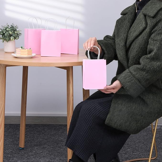 SUNCOLOR 25 Pieces 6 Inch Mini Goodie Bags Small Pink Gift Bags with Handles for Birthday Party Favors, Wedding Treat Bags
