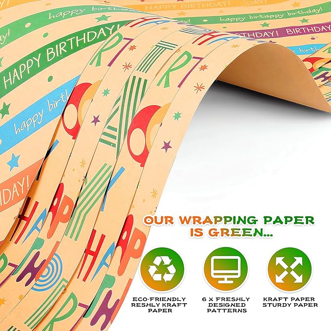 BWLOIES Wrapping Paper Birthday Gift Wrapping Paper Sheets Set, Kraft Birthday Gift Wrap Set,Balloon Star Happy Birhtday Paper with Tags String,Bday Present Wrap for Boy Girl Women Men