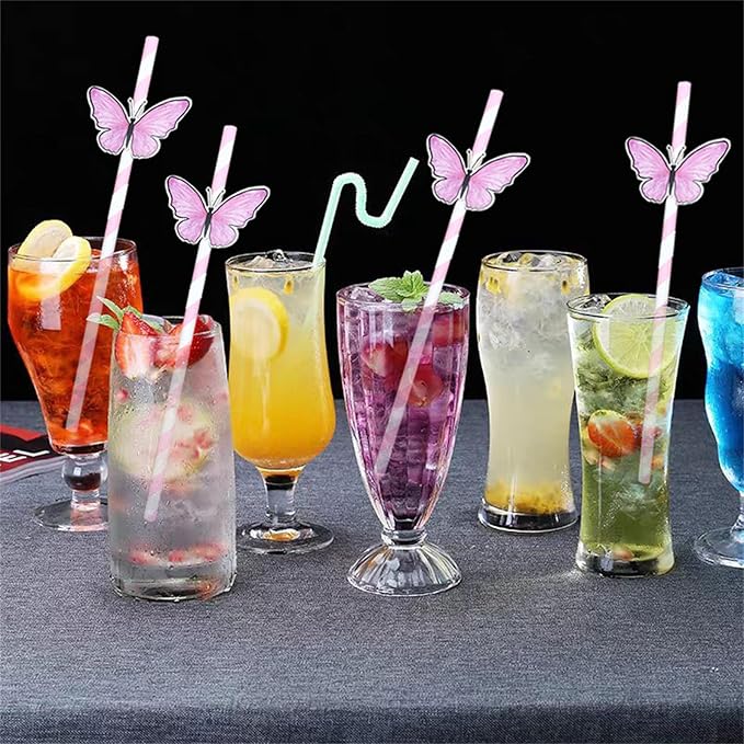 20pcs Butterfly Stripe Paper Straws Anti Wrinkle Straw Butterfly Floral Decor Disposable Party Straws Drinking Straws Set for Valentine's Day Brithday New Year Party Decoration Supplies