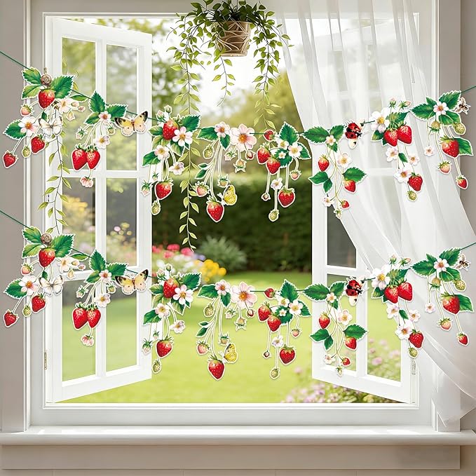 Strawberry Garland Banner Berry First Birthday Decor Strawberry Wildflower for Spring Enchanted Garden Party Strawberry Theme Birthday Decoration for Girl Sweet Baby Shower Spring Garden Tea Party(8.2ft)