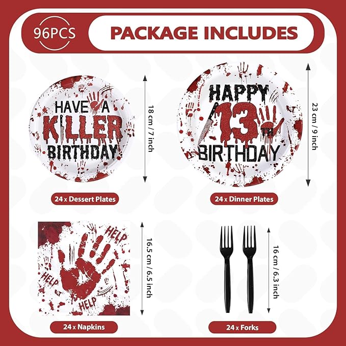 Grencian 96Pcs Killer Happy 13th Birthday Party Supplies Red and Black Bloody Hand Themed Paper Plates and Napkins Horror Tableware for Boy Girl 13th Stranger Birthday Party Decorations Serve 24
