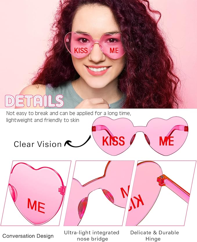 LEIFIDE 12 Pieces Valentine Heart Shape Rimless Fun Sunglasses Conversation Heart Glasses Eyewear for Wedding Party Favor