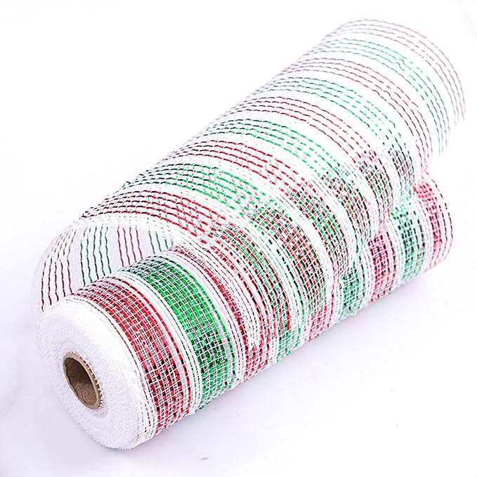 3 Rolls Red Green Stripe Deco Mesh Ribbon for Christmas Wreath Making Supplies, 10 Inch x 30FT Metallic Foil Deco Mesh Fabric for Christmas Tree New Year Winter Door Wreath Swags Decor