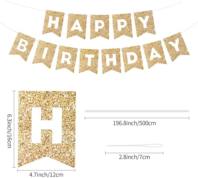 Hooqict Gold Happy Birthday Banner Sign for Backdrop Gold Happy Birthday Decorations for Women Men Kids 1st 2nd 3rd Party Supplies Wall Door Banner Garland Bunting Flag
