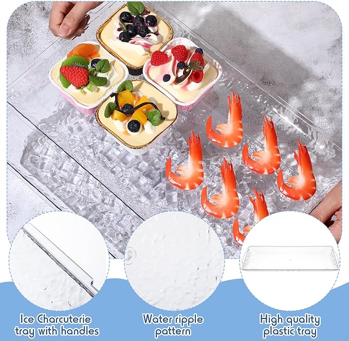 Baderke 2 Set 16" x 9" Plastic Chilled Serving Tray for Parties with Compartments Ice Chilled Party Platter Charcuterie Serving Board Cold Dish Dip for Fruit Seafood Vegetable Appetizer (Clear)