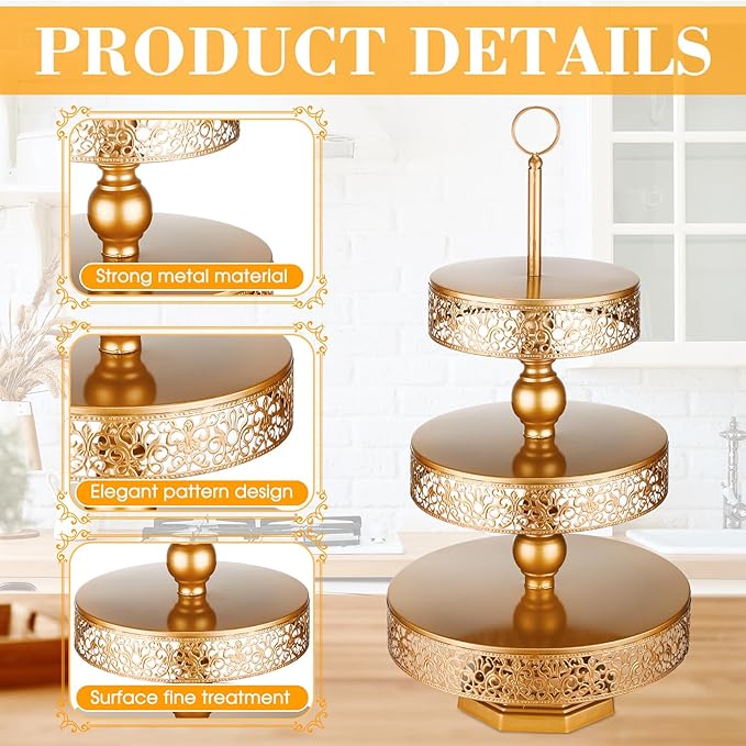 Dandat 2 Pcs Cupcake 3 Tiered Metal Dessert Stand Round Cupcake Tower Cake Holder Stand Tiered Serving Tray for Wedding Baby Shower Birthday Tea Party Table Decor(Gold)