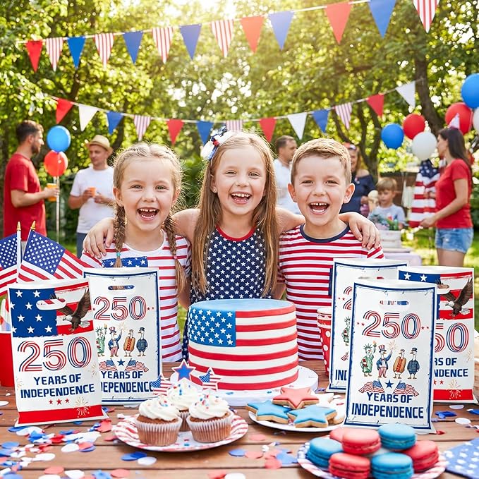 Andi Cppss 250 Years Party Favor Bags - 50PCS 250 Years Patriotic Theme Plastic Gift Bags with Handles 4th of July Goodie Treat Snack Candy Bag for Independence Memorial Day Party Supplies Decorations