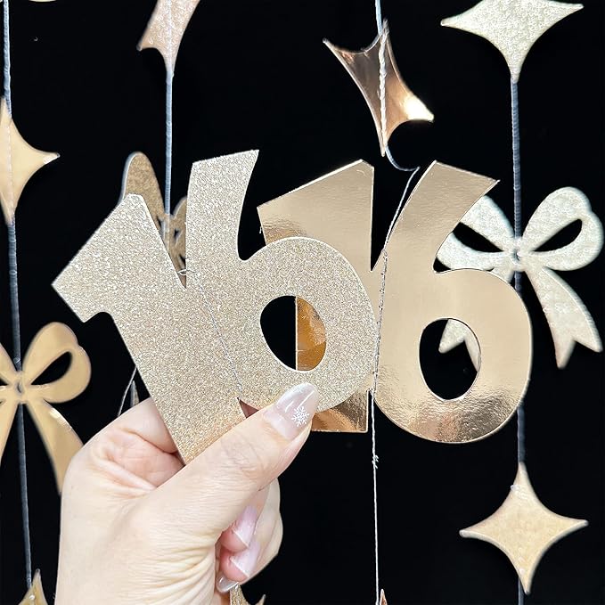Champagne Gold 16th Bow Birthday Decorations Champagne Conquette Bow Garland Streamer Banner Backdrop for Girls Boys Happy 16th Birthday Sweet Sixteen Cheers to 16 Years Old Anniversary Party Supplies