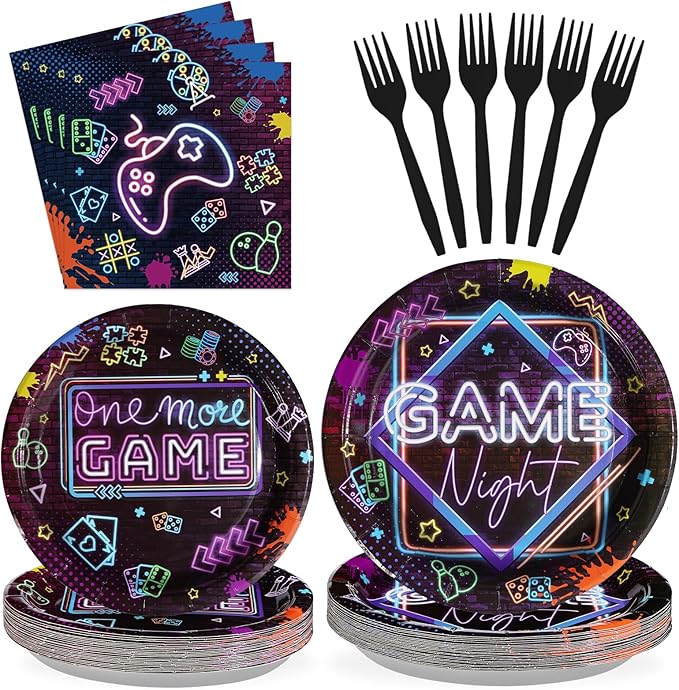 96Pcs Video Game Party Decorations Glow Neon Game On Plates and Napkins Tableware Set Game Night Decorations for Adults Game On Gamer Birthday Sleepover Slumber Prom Gaming Party Supplies Serves24