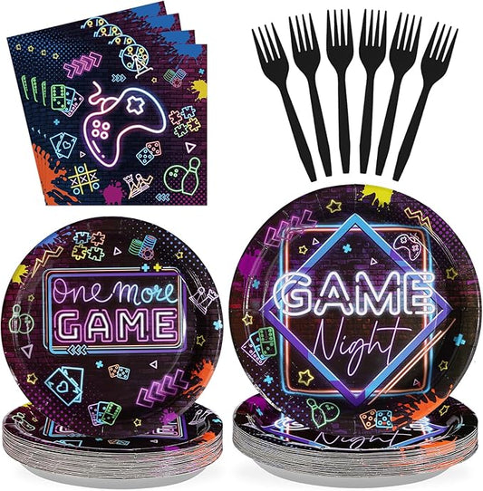 96Pcs Video Game Party Decorations Glow Neon Game On Plates and Napkins Tableware Set Game Night Decorations for Adults Game On Gamer Birthday Sleepover Slumber Prom Gaming Party Supplies Serves24