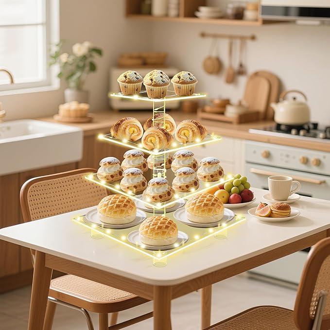 Cupcake Stand with Lights, 4 Tier Acrylic Cupcake Tower with Yellow LED String Lights, Clear Cupcake Display Stand for Wedding,Baby Shower, Birthday