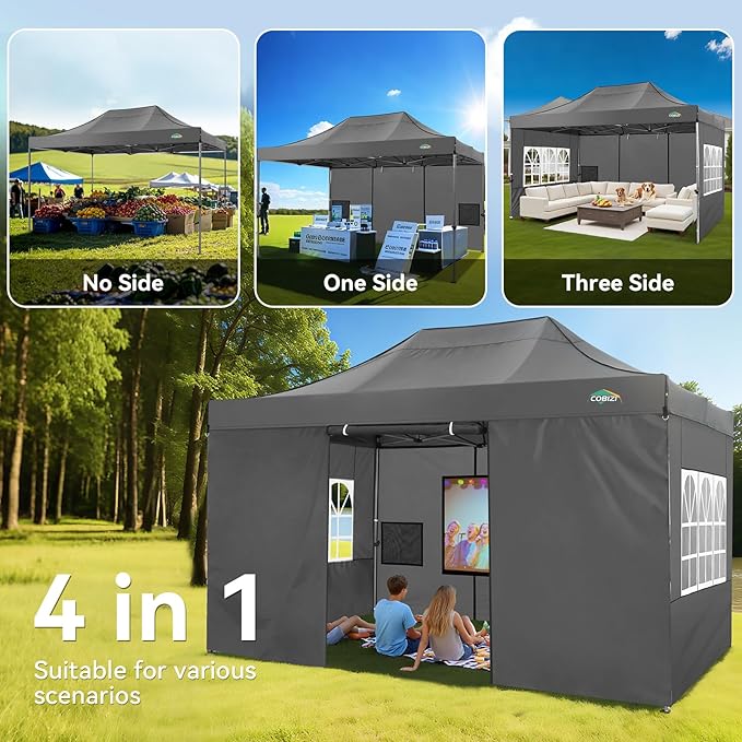 COBIZI 10x15 Heavy Duty Pop Up Canopy Tent with 4 Sidewalls Thicken Frame, Commercial Easy Up Outdoor Wedding Party Tents, All Season Waterproof Windproof with Stakes Sandbags Ropes Bag, Gray
