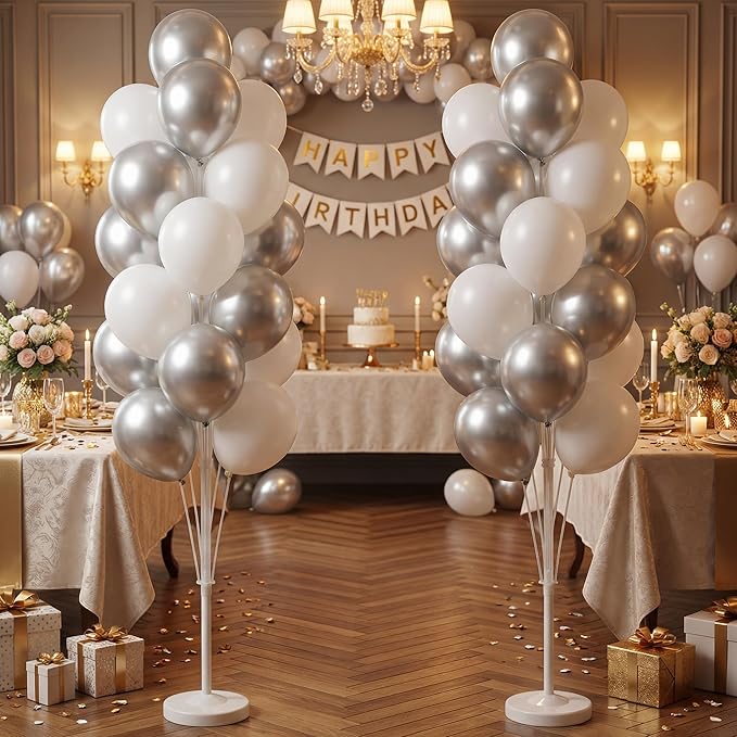 Balloon Column Kit Set of 2 With Balloons Included - with Base, and Pole,Balloon Tower Backdrop Decoration for Wedding, Baby Shower, Birthday Party, or Bachelorette Parties (Silver White)