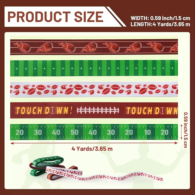 Football Ribbons 5 Rolls 20 Yards Total, 5/8" Sports Grosgrain Football Themed Ribbons for Gift Wrapping Crafts Making Hair Bows and Team Party Decor