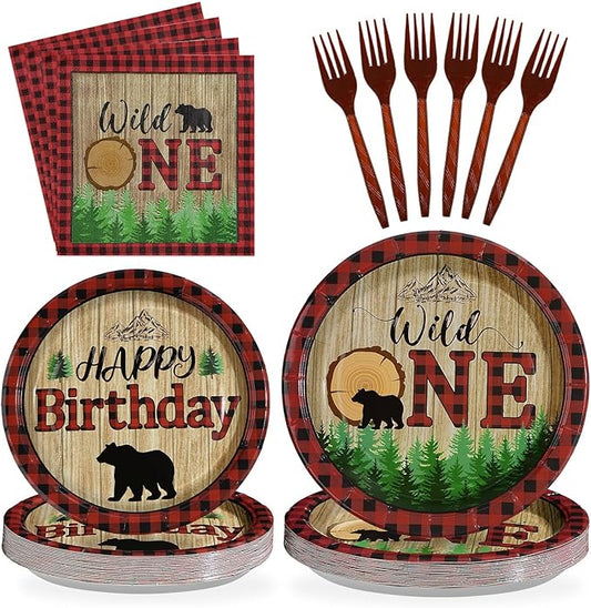 96Pcs Lumberjack Wild One Birthday Decorations Buffalo Plaid Lumberjack Plates Disposable 350GSM Wild One Bear Woodland Tableware Set for Camping Hunting First Birthday Party Decorations, Serves 24