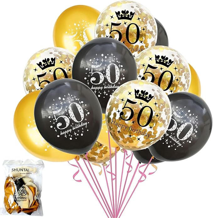SHUNTAI 50th Birthday Balloons Black and Gold 50th Birthday Decorations Latex Confetti Balloons for Women & Men 50 Year Old Party Decor Supplies 15 Pack 12 Inch