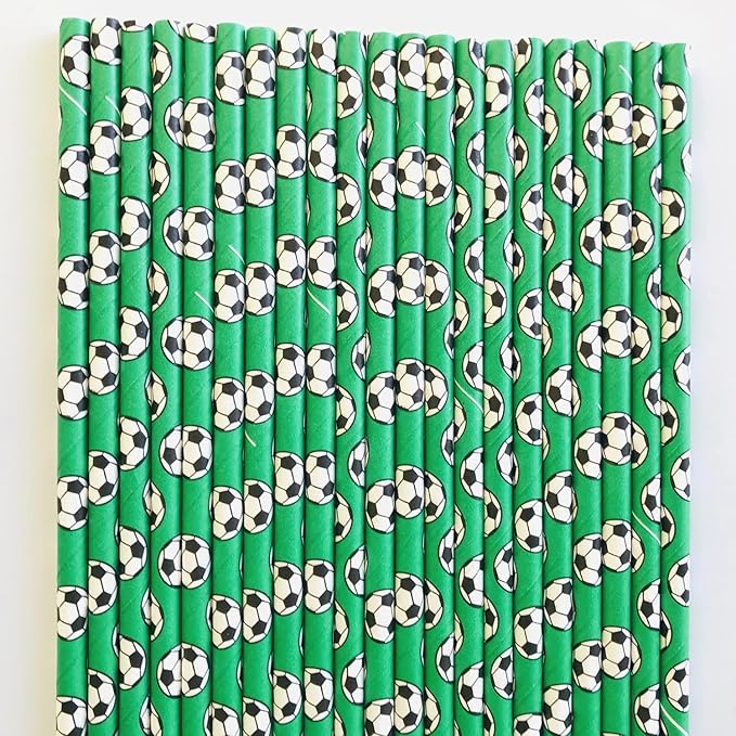 100 pcs Sports Party Paper Straws, Green Black White Soccer Football Bar Soda Juice Drinking Straws, Kids Boy Birthday Baby Shower Game Day World Cup Ball Cake Pop Sticks (Green With Soccer)