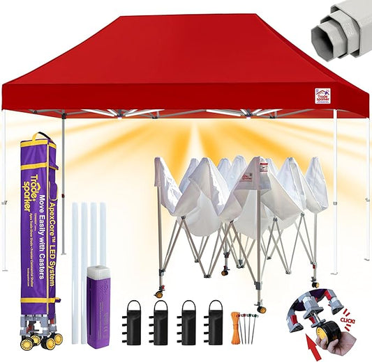 Tradesparker 10x15 Pop Up Canopy Tent,Commercial Movable Canopy with ApexCore LED&Rugged Casters-Instant Easy Setup Shelter Canopies with Weight Bags&Stakes for Outdoor Events Markets Vendors,Red