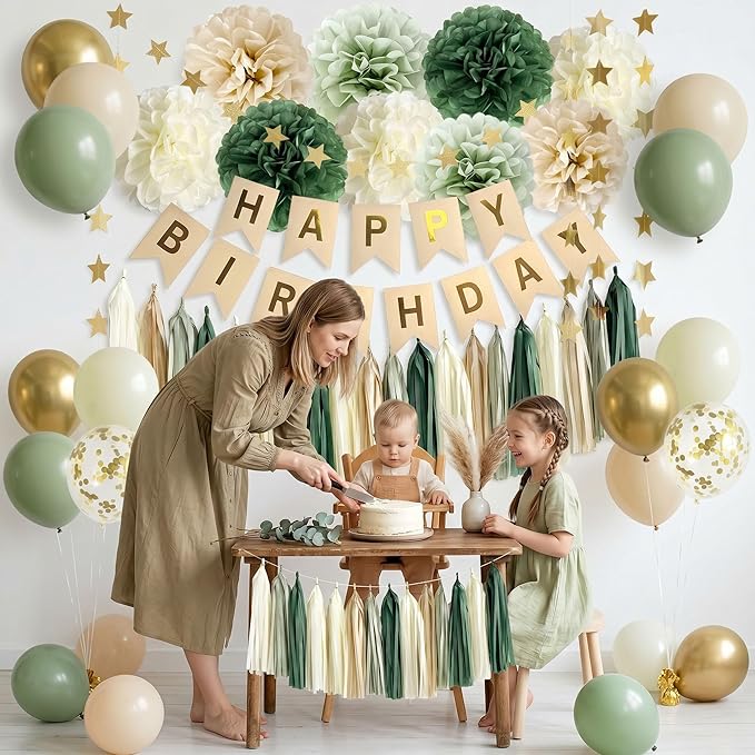 ANSOMO Sage Green Happy Birthday Party Decorations Retro Green Nude Ivory Dark Olive Kraft Paper Banner Balloons Neutral Rustic Boho Blush Safari Botanical Greenery Wild Décor Supplies Women Adults