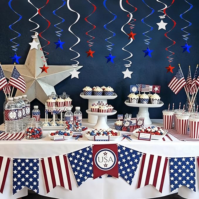 BEISHIDA Red Blue White Stars Hanging Swirls 250th Anniversary Hanging Ornament Decorations for Birthday Party 4th of July 2026 Graduation Patriotic Decorations,Pack of 15