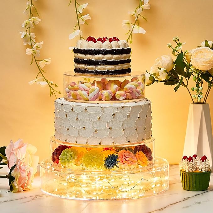 Sintuff 3 Pcs Acrylic Cake Stand with LED Lights 6.7‘’, 8.6‘’, 10.6‘’ Clear Fillable Cake Riser Round 3 Tier Case Box for Wedding Birthday Holiday Food Display, 3 Sizes