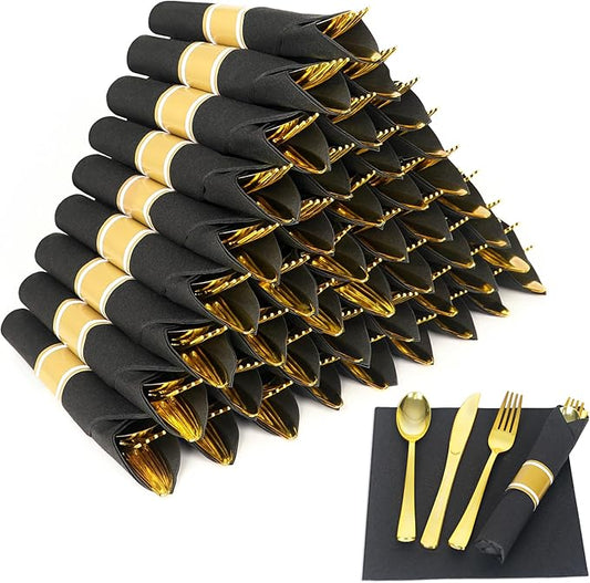 50 Pack Pre Rolled Gold Plastic Silverware Set,Wrapped Plastic Cutlery Set with Napkin Include 50 Forks,50 Spoons,50 Knives and 50 Black Napkins for Party, Wedding,Christmas