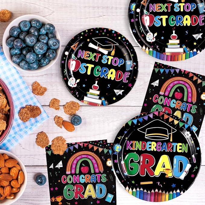 200Pcs Kindergarten Graduation Party Decorations Pre-k Graduation Plates and Napkins Tableware Sets for Kids Preschool Kindergarten Graduation Class of 2026 Elementary Celebration Supplies Serves 50