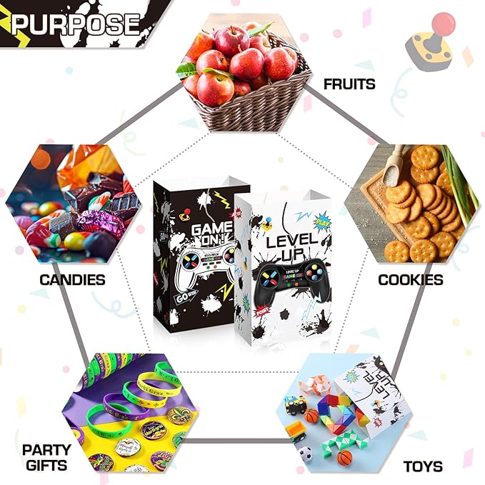 Geosar 30 Pack Video Game Party Favor Paper Bags Game on Goodie Candy Gift Bags with 30 Stickers Level up Reusable Goodie Treat Snacks Supplies for Boys Kids Gaming Birthday Party(White, Black)