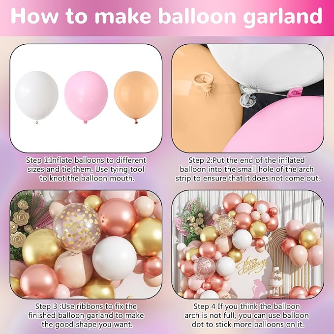 HILAVO Rose Gold Balloon Arch Kit Nude Light Pink Gold Confetti Party Balloon Garland Metallic Pink White Pastel Orange Balloons for Women Princess Baby Shower Bridal Wedding Brithday Party Decor