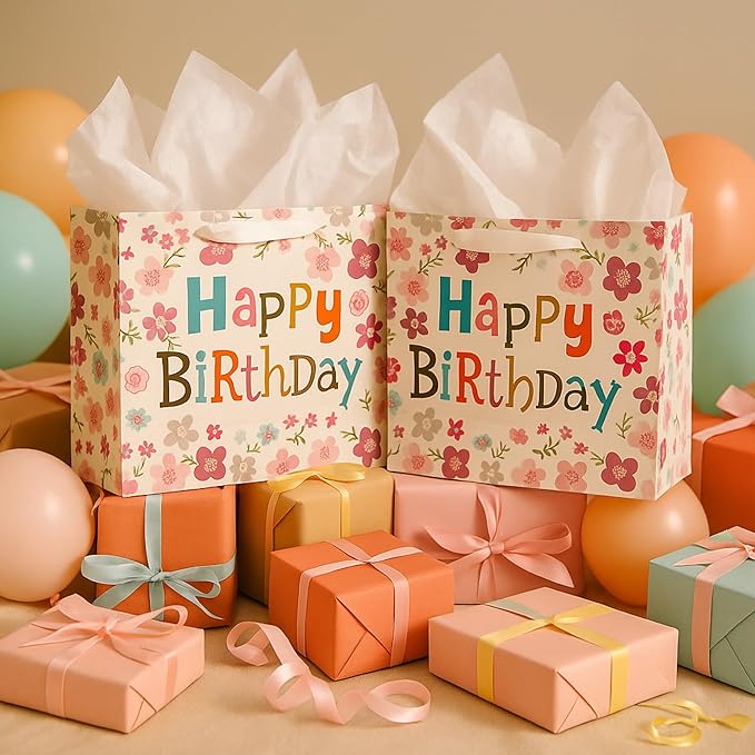 Febbleshow Pink Floral Birthday Gift Bags with Tissue Paper for Women Girls Kids - Colorful Letter Design with Pink Flowers Gift Bag - 13"x10.3"x4.7" (Pack of 2)