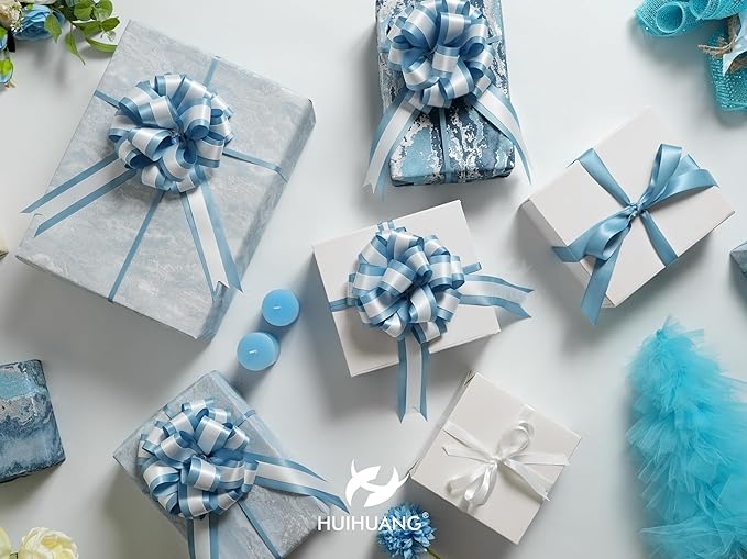 HUIHUANG Dusty Blue Pull Bows 6" x 10" Dusty Blue and White Double Layer Satin Pull Bows 12 PCS Gift Bow for Gift Wrapping Gift Basket Baby Shower Favors Wedding Party Decor
