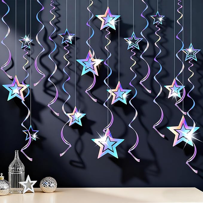 BTSD-home Iridescent Star Garland Decorations Holographic Hanging 3D Twinkle Stars Spira Swirl Ribbons Birthday Wedding Backdrop Galaxy Party Decor Space Starry Night Theme Party Supplies