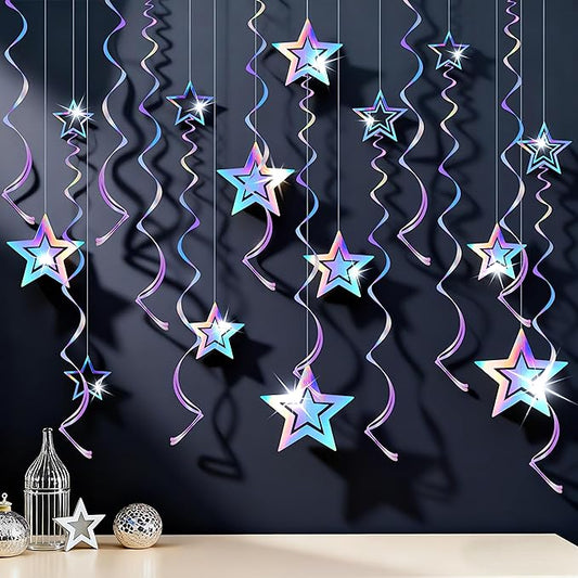 BTSD-home Iridescent Star Garland Decorations Holographic Hanging 3D Twinkle Stars Spira Swirl Ribbons Birthday Wedding Backdrop Galaxy Party Decor Space Starry Night Theme Party Supplies