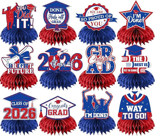 12pcs Graduation Table Decorations,Red and Blue Graduation Decorations 2026 Graduation Centerpieces for Tables,Class of 2026 Centerpieces Honeycomb for Congrats Grad Table Decor