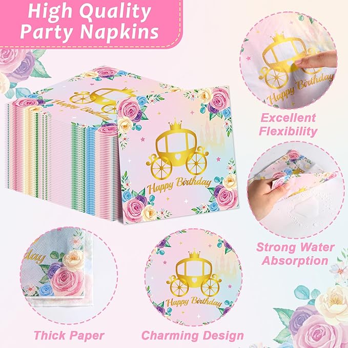 96PCS Princess 1st Birthday Party Supplies Once upon a Time Fairytale Castle Plates and Napkins Pink Princess Party Decors for Girls Pink 1st Onederland Birthday Baby Dinnerware Serves 24 Guests