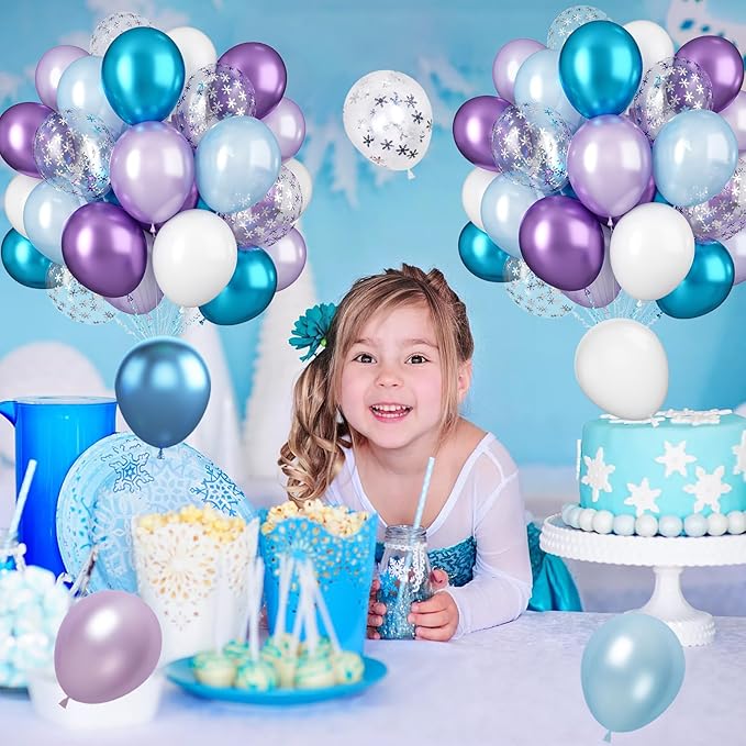 Biapian Frozen Balloons, 60 Pcs Blue Purple Balloons, 12 Inch Metallic Blue Purple Latex Balloons Silver Snowflake Confetti Balloons for Girls Frozen Snowflake Ice Snow Theme Birthday Party Decoration